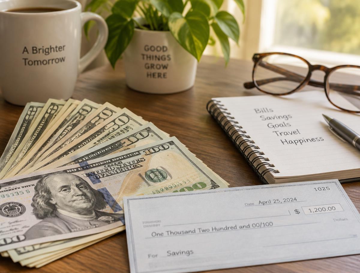 US dollar bills and a check on a desk