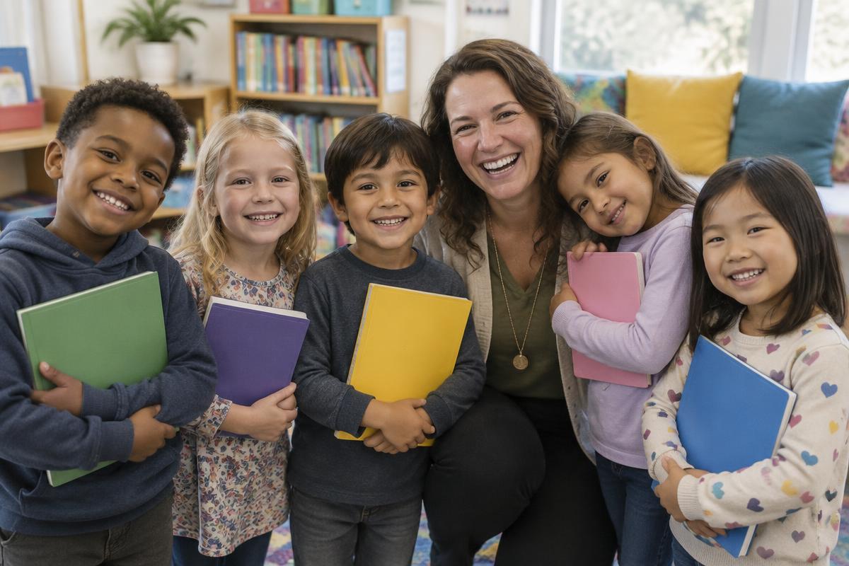 A laughing teacher kneeling beside five smiling young students holding colourful notebooks in a classroom