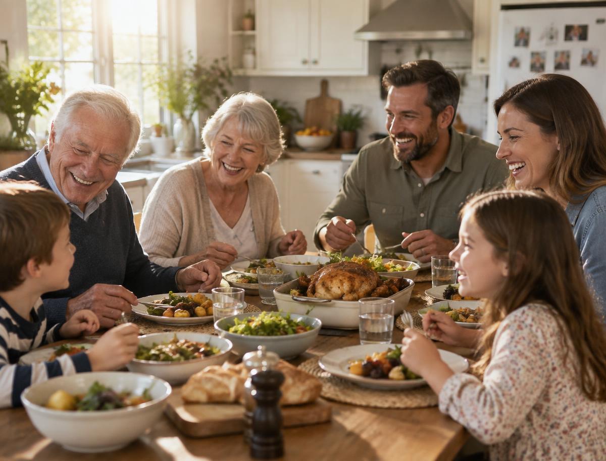 A happy multigenerational family sharing a meal together at home