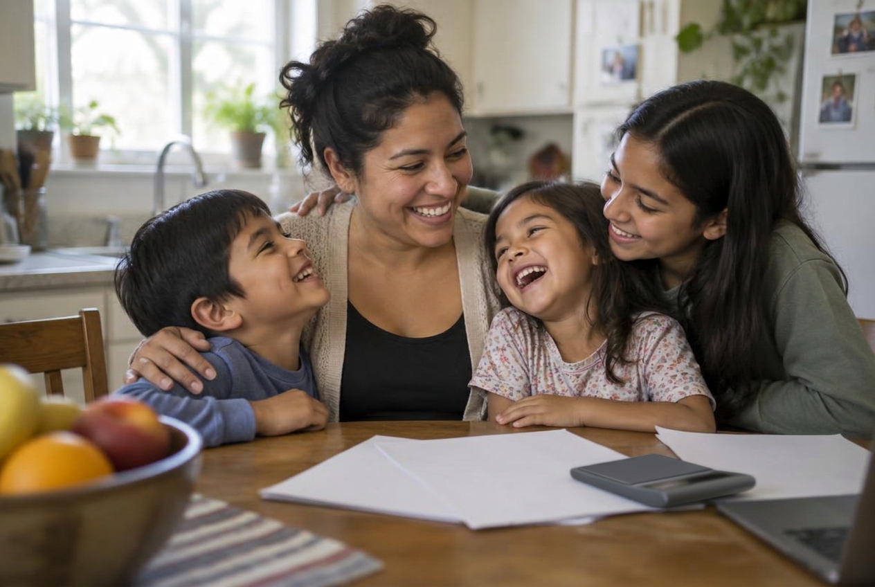 A laughing mother and her three children gathered close at the kitchen table