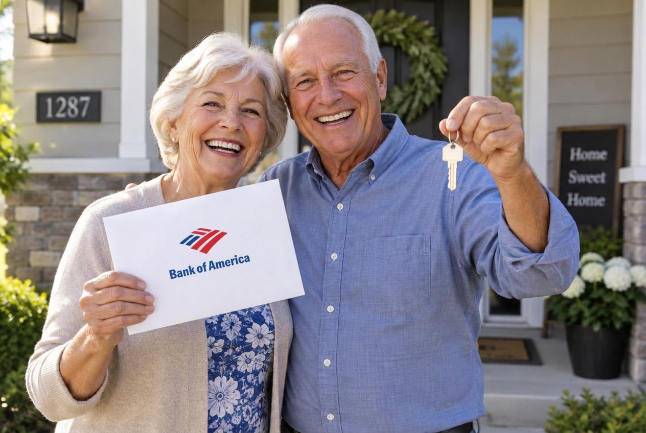 A smiling retired couple holding a bank envelope and their new house key in front of their new home