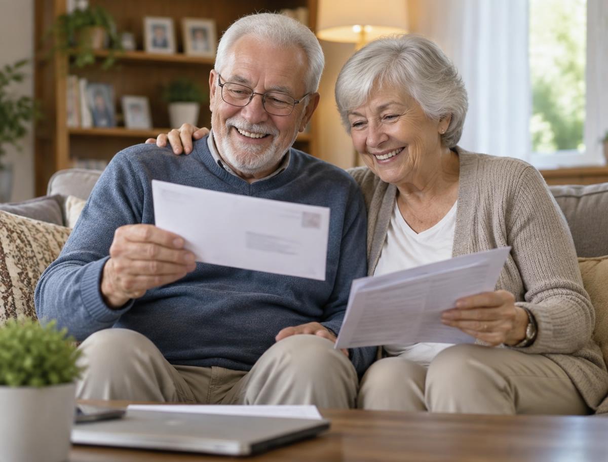 A smiling retired couple reading their award letter at home