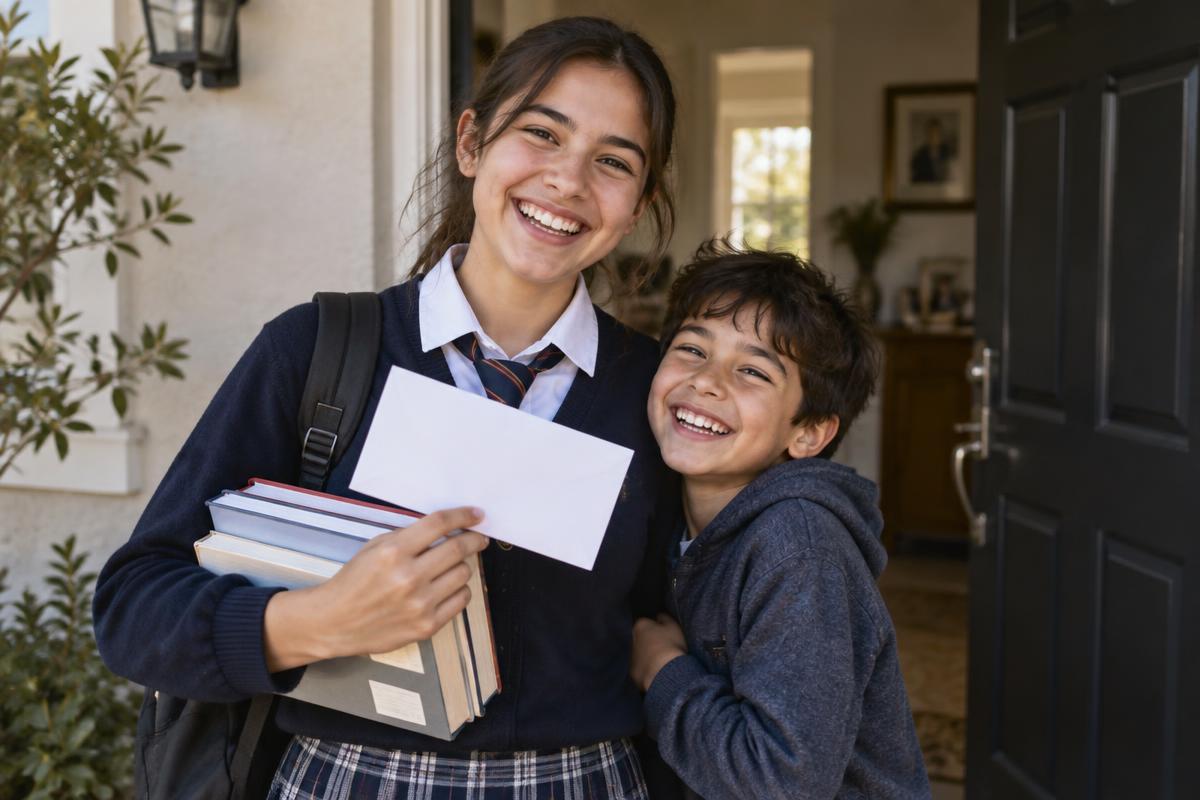 A smiling teenage student in her school uniform holding textbooks and a white envelope at her front door with her younger brother